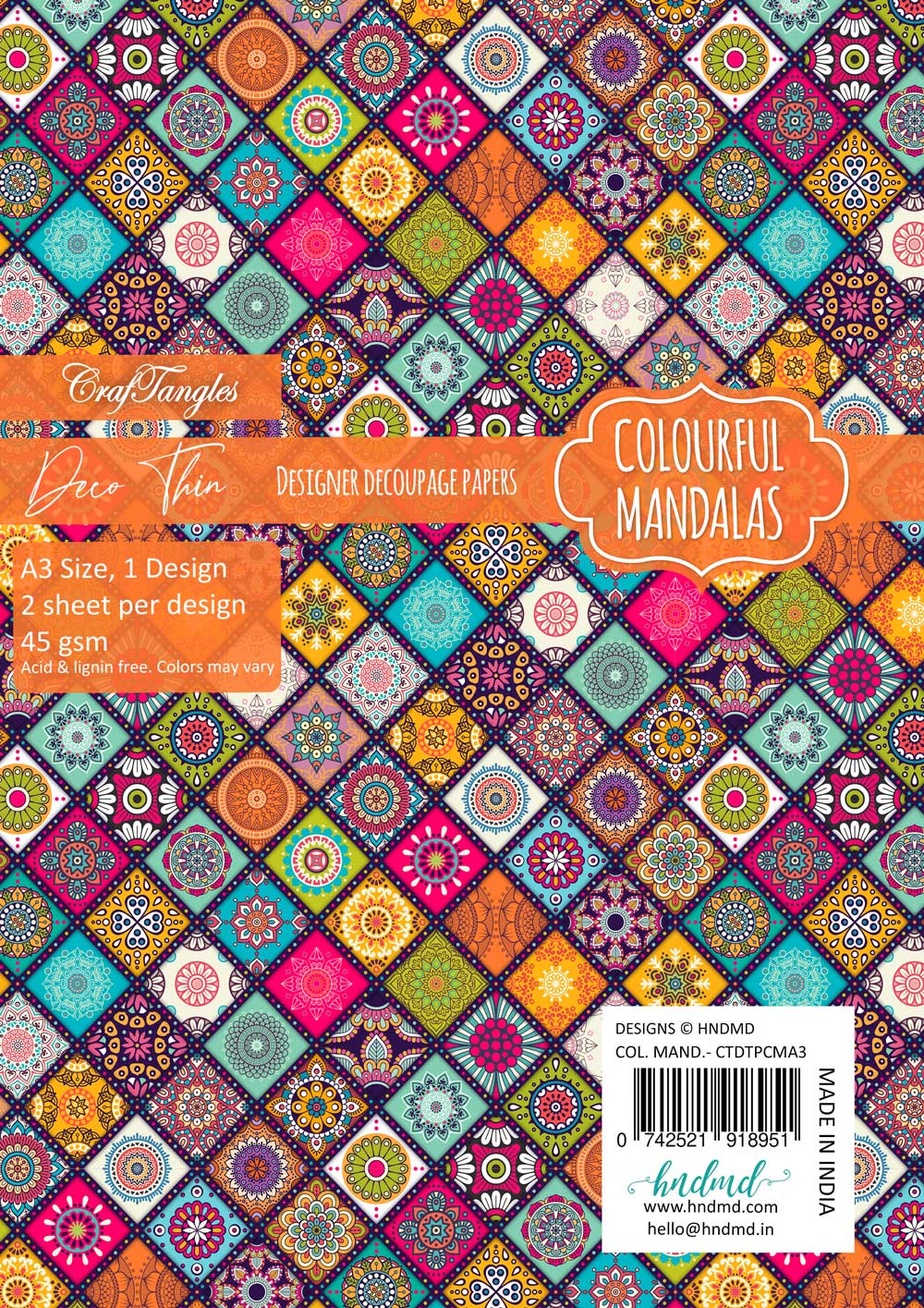 CrafTangles Deco Thin Decoupage Paper A3 (45 gsm) - Colourful Mandalas - 2 sheets CrafTangles Deco Thin Paper Colourful Mandalas CrafTangles Deco Thin Decoupage Paper A3 (45 gsm) - Colourful Mandalas - 2 sheets