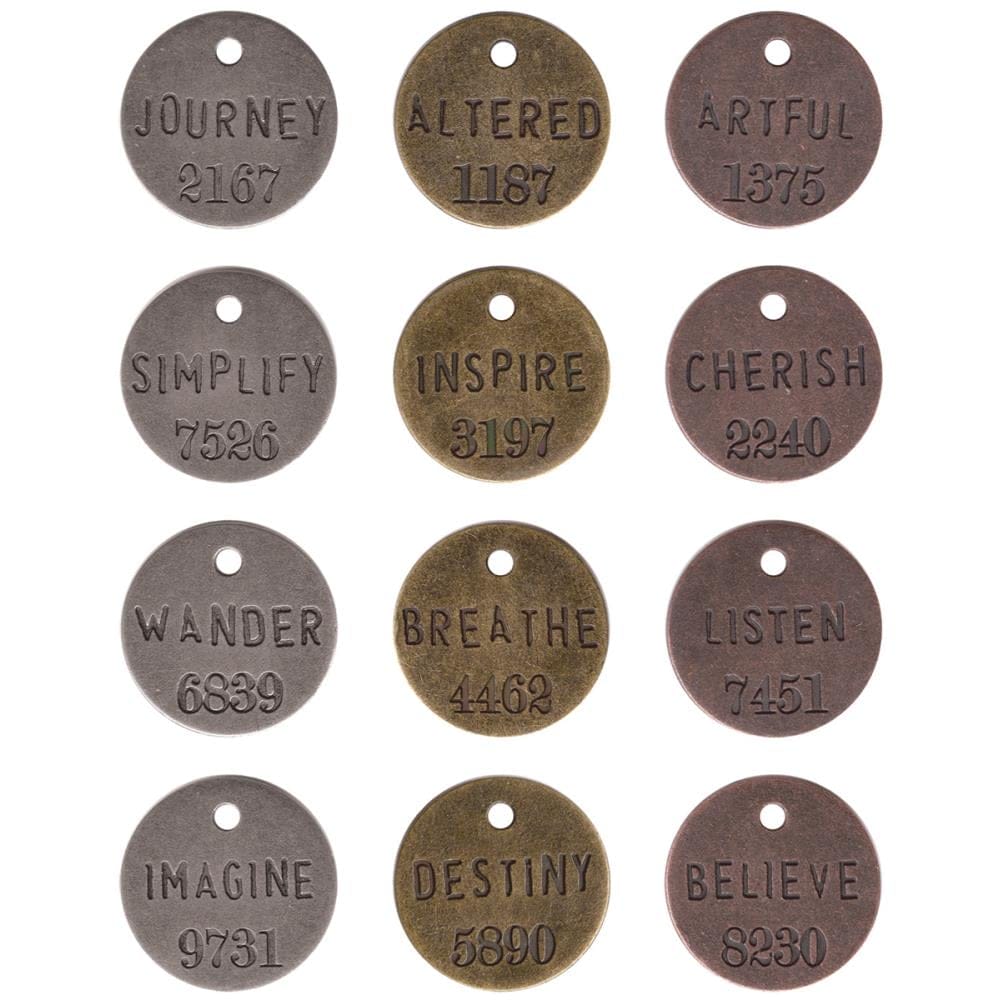 Tim Holtz Idea-Ology Metal Philosophy Tags 1" 12/Pkg - Antique Nickel, Brass & Copper timholtz embellishments TH92678 Tim Holtz Idea-Ology Metal Philosophy Tags 1" 12/Pkg - Antique Nickel, Brass & Copper