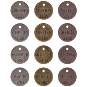 Tim Holtz Idea-Ology Metal Philosophy Tags 1" 12/Pkg - Antique Nickel, Brass & Copper
