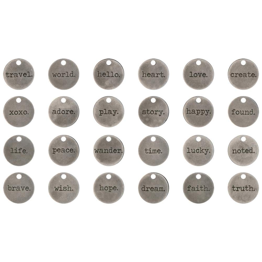 Idea-Ology Metal Typed Tokens 24/Pkg - Antique Nickel Words .75" timholtz embellishments TH93203 Idea-Ology Metal Typed Tokens 24/Pkg - Antique Nickel Words .75"
