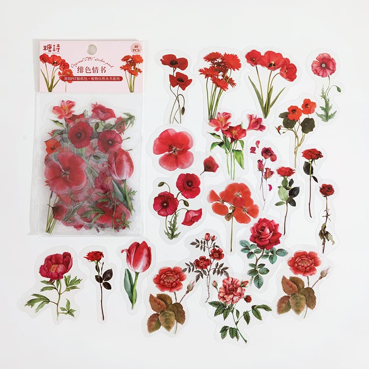Clear PET Flowers Stickers (40 pcs) - Reds 40pcs Flower Stickers Red Flowers Clear PET Flowers Stickers (40 pcs) - Reds
