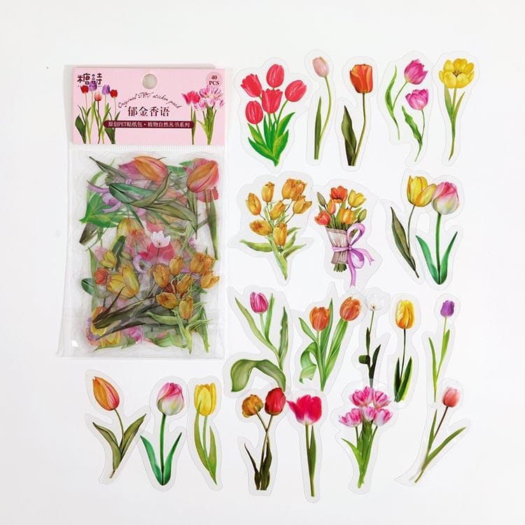 Clear PET Flowers Stickers (40 pcs) - Tulips 40pcs Flower Stickers Tulips Clear PET Flowers Stickers (40 pcs) - Tulips
