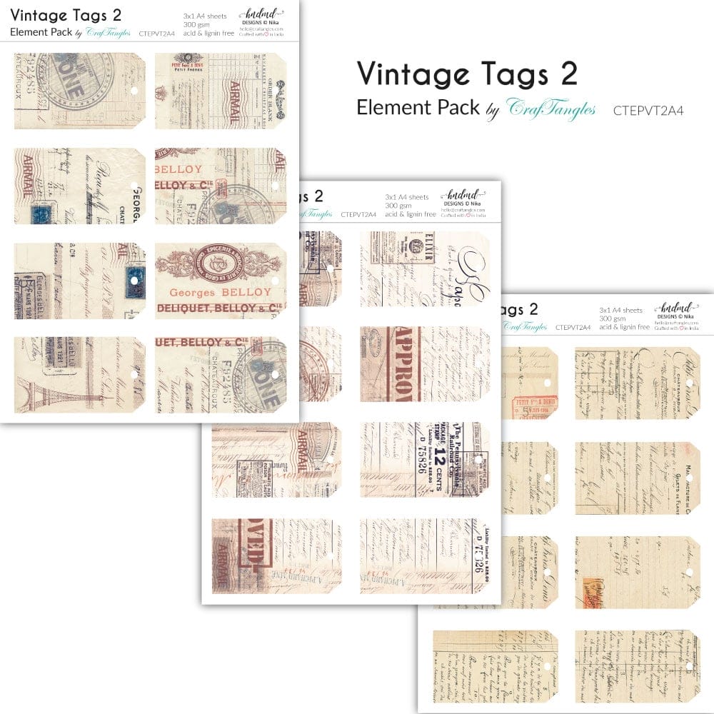 CrafTangles Elements Pack - Vintage Tags 2 (3 sheets of A4)