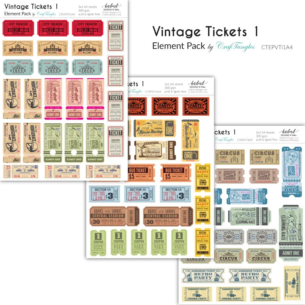 CrafTangles Elements Pack - Vintage Tickets 1 (3 sheets of A4) 50 Vintage Tickets 1 Elements Pack CrafTangles Elements Pack - Vintage Tickets 1 (3 sheets of A4)