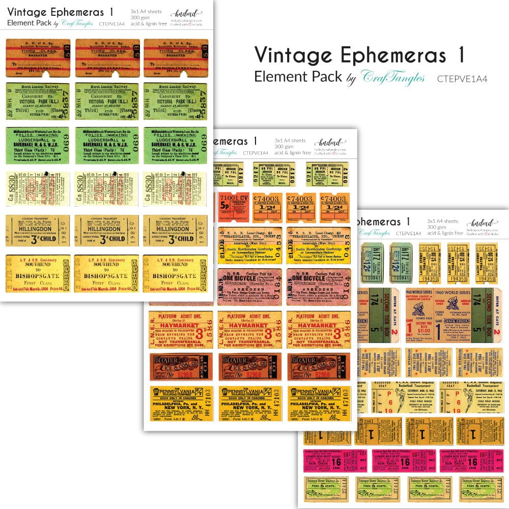 CrafTangles Elements Pack - Vintage Ephemeras 1 (3 sheets of A4) 52 Vintage Ephemeras 1 Elements Pack CrafTangles Elements Pack - Vintage Ephemeras 1 (3 sheets of A4)
