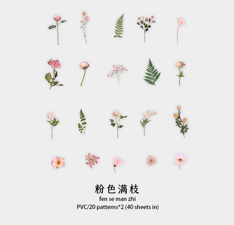 Box Clear PET Flowers Stickers (40 pcs) - Pink Flowers