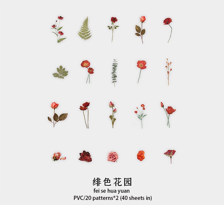 Box Clear PET Flowers Stickers (40 pcs) - Red Flowers Box Clear PET Flowers Stickers (40 pcs) - Red Flowers