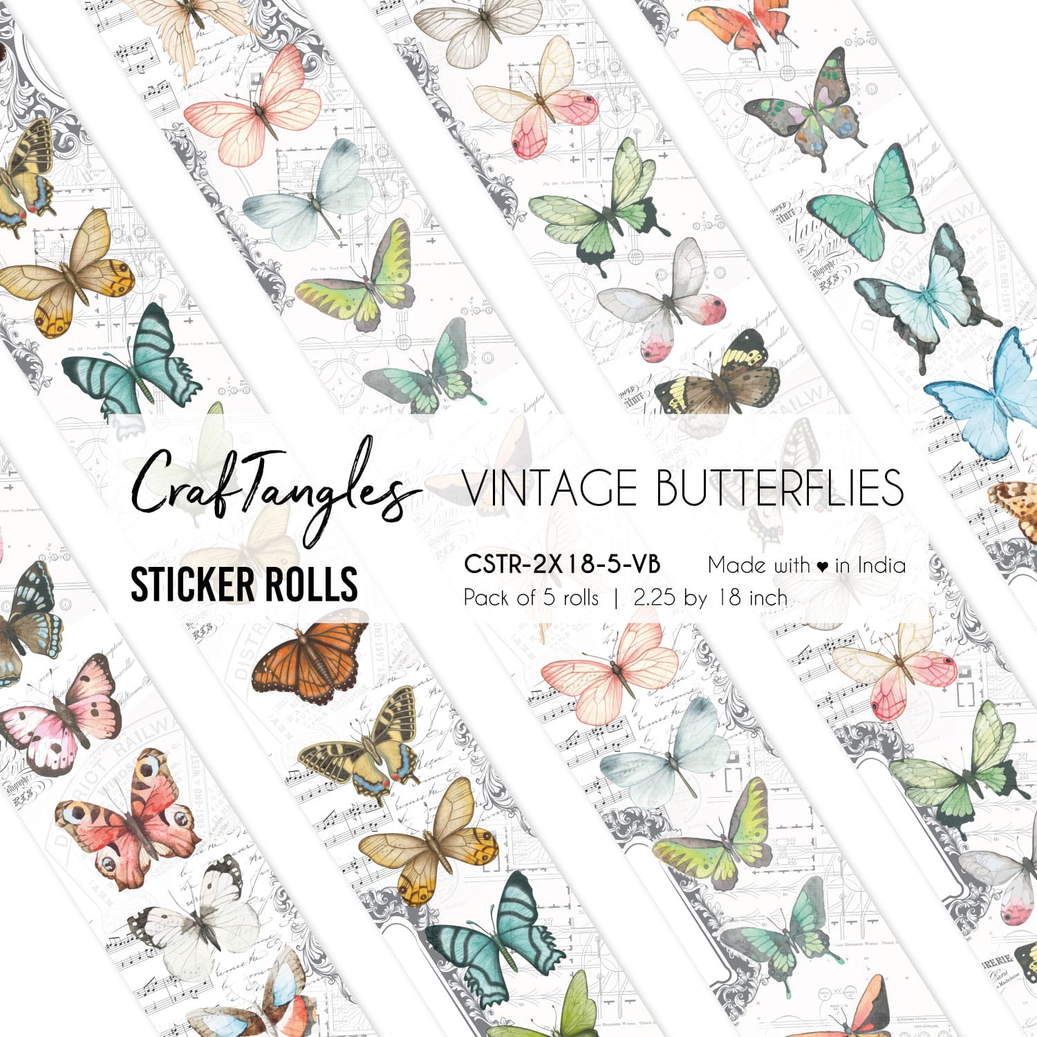 CrafTangles Journal Sticker Rolls (Pack of 5 designs) - Vintage Butterflies Vintage Butterflies 2.5x18 inch Sticker Roll CrafTangles Journal Sticker Rolls (Pack of 5 designs) - Vintage Butterflies
