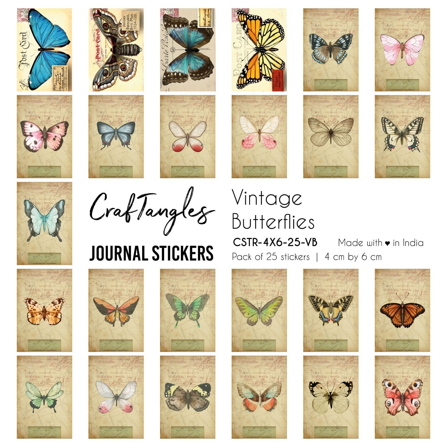 CrafTangles Journal Stickers 4 by 6 cm (Pack of 25 designs) - Vintage Butterflies Vintage Butterflies 4x6 Journalling Stickers CrafTangles Journal Stickers 4 by 6 cm (Pack of 25 designs) - Vintage Butterflies