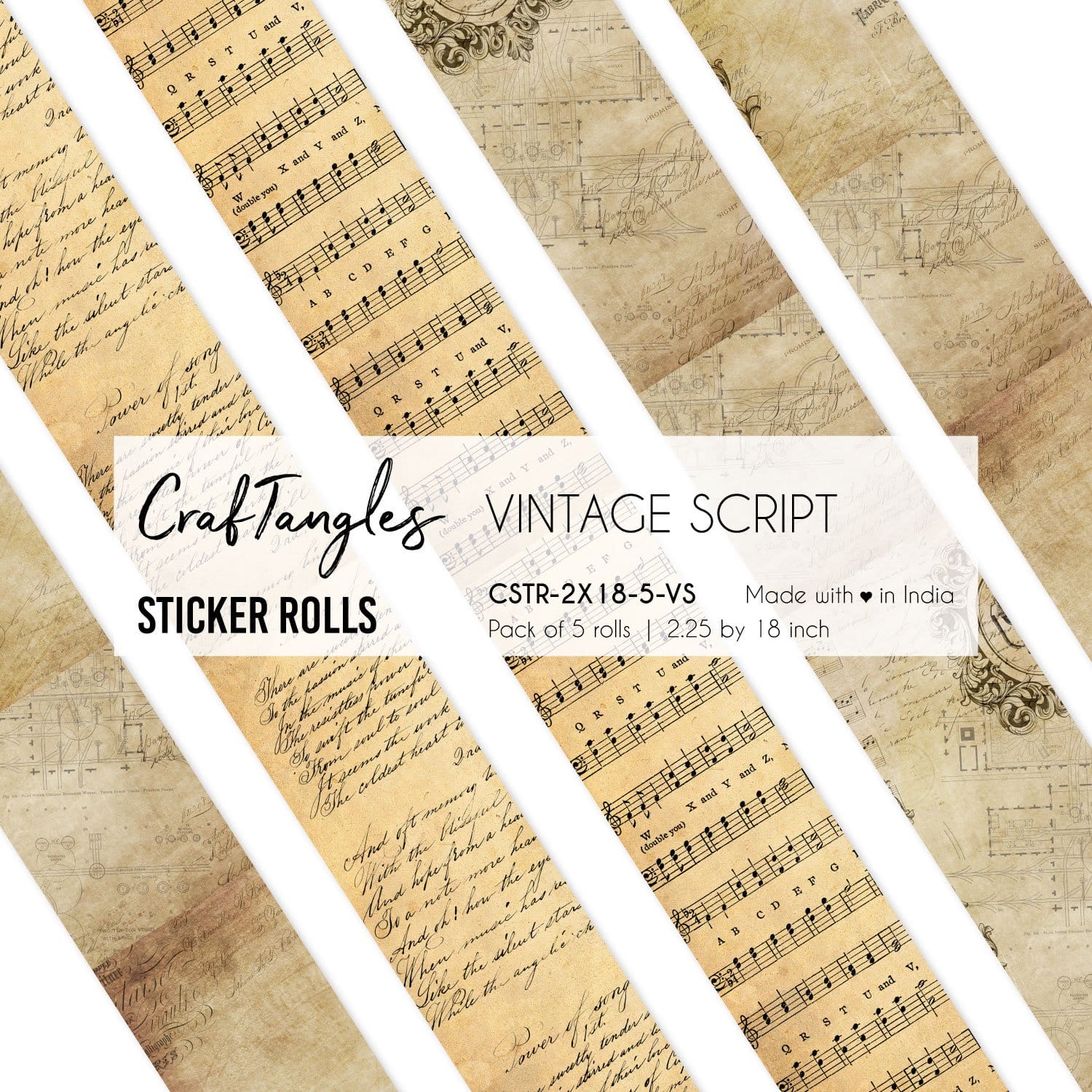 CrafTangles Journal Sticker Rolls (Pack of 5 designs) - Vintage Script Vintage Script 2.5x18 inch Sticker Roll CrafTangles Journal Sticker Rolls (Pack of 5 designs) - Vintage Script