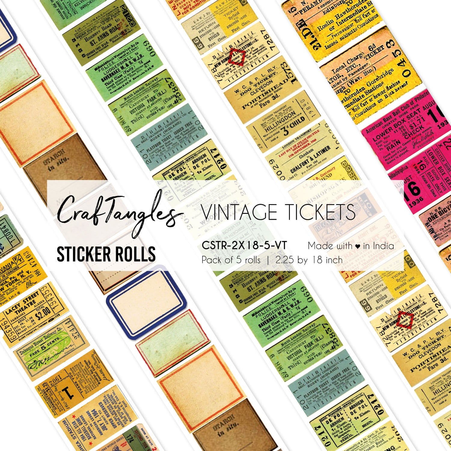 CrafTangles Journal Sticker Rolls (Pack of 5 designs) - Vintage Tickets Vintage Tickets 2.5x18 inch Sticker Roll CrafTangles Journal Sticker Rolls (Pack of 5 designs) - Vintage Tickets