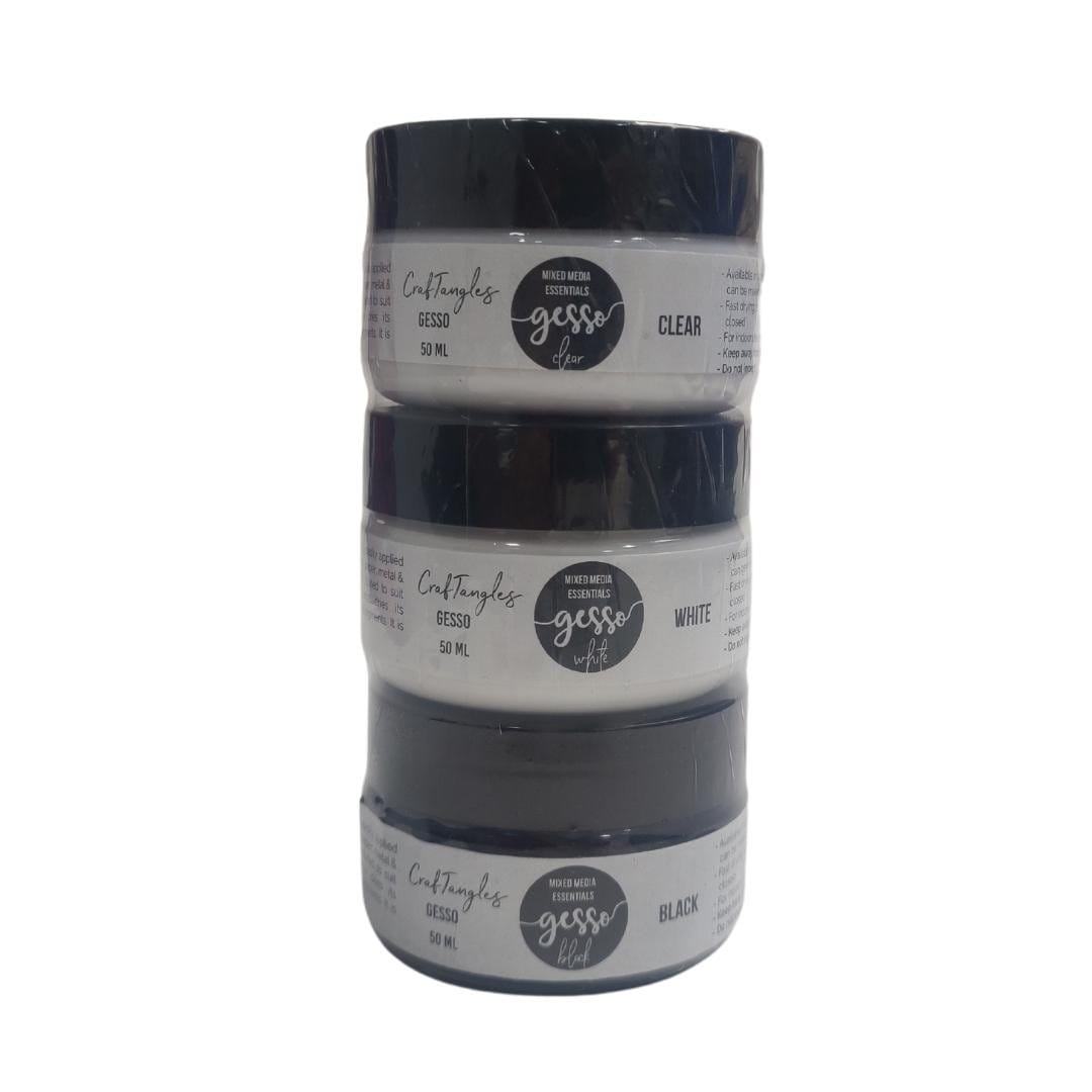 CrafTangles mixed media essentials - Gesso Starter Pack - White, Black and Clear (50 ml each) CrafTangles Gesso Combo Clear Black White CrafTangles mixed media essentials - Gesso Starter Pack - White, Black and Clear (50 ml each)