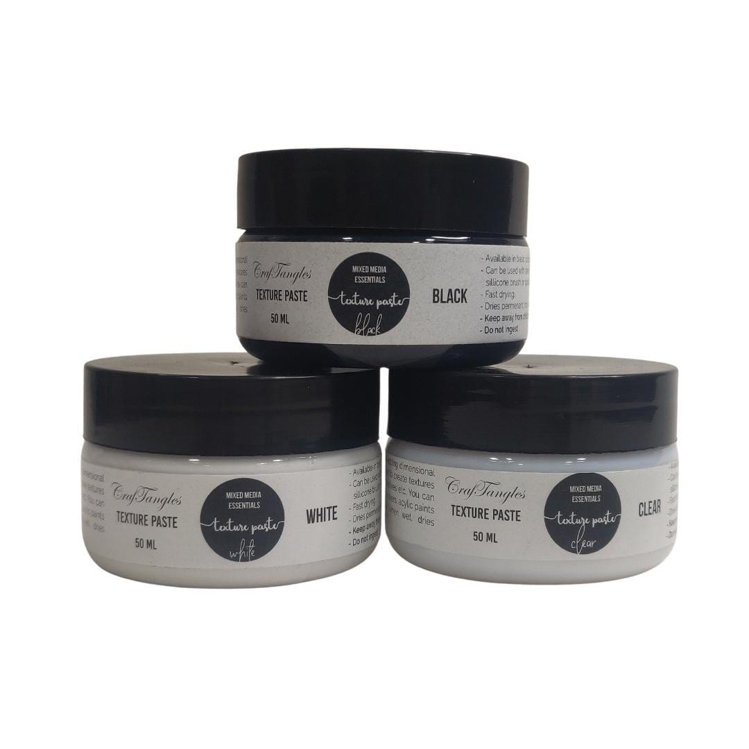 CrafTangles mixed media essentials - Texture Paste Starter Pack (50 ml each) CrafTangles_Texture_Paste_Combo_Clear_Black_White_1