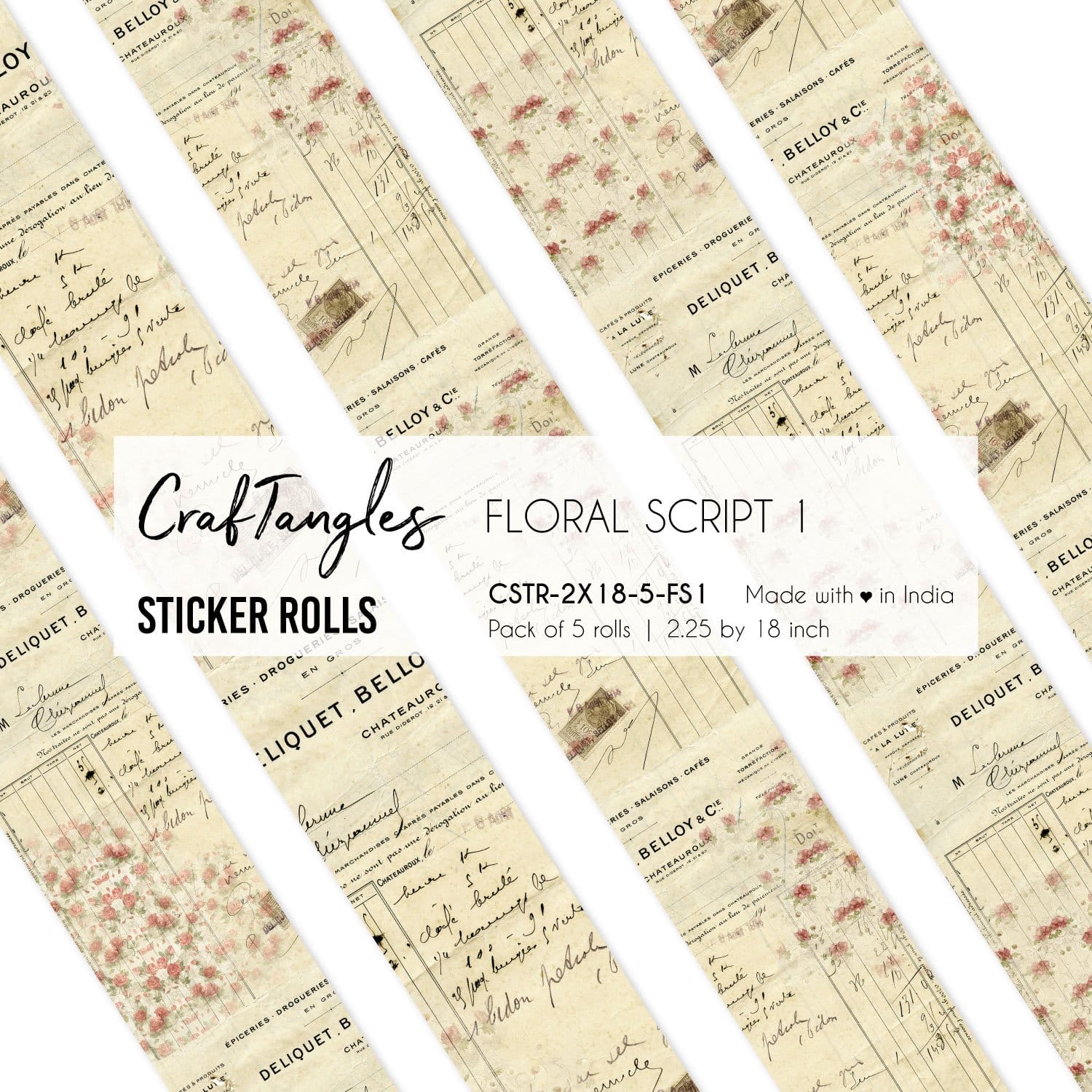 CrafTangles Journal Sticker Rolls (Pack of 5 designs) - Floral Script 1 Floral Script 1 2.5x18 inch Sticker Roll CrafTangles Journal Sticker Rolls (Pack of 5 designs) - Floral Script 1