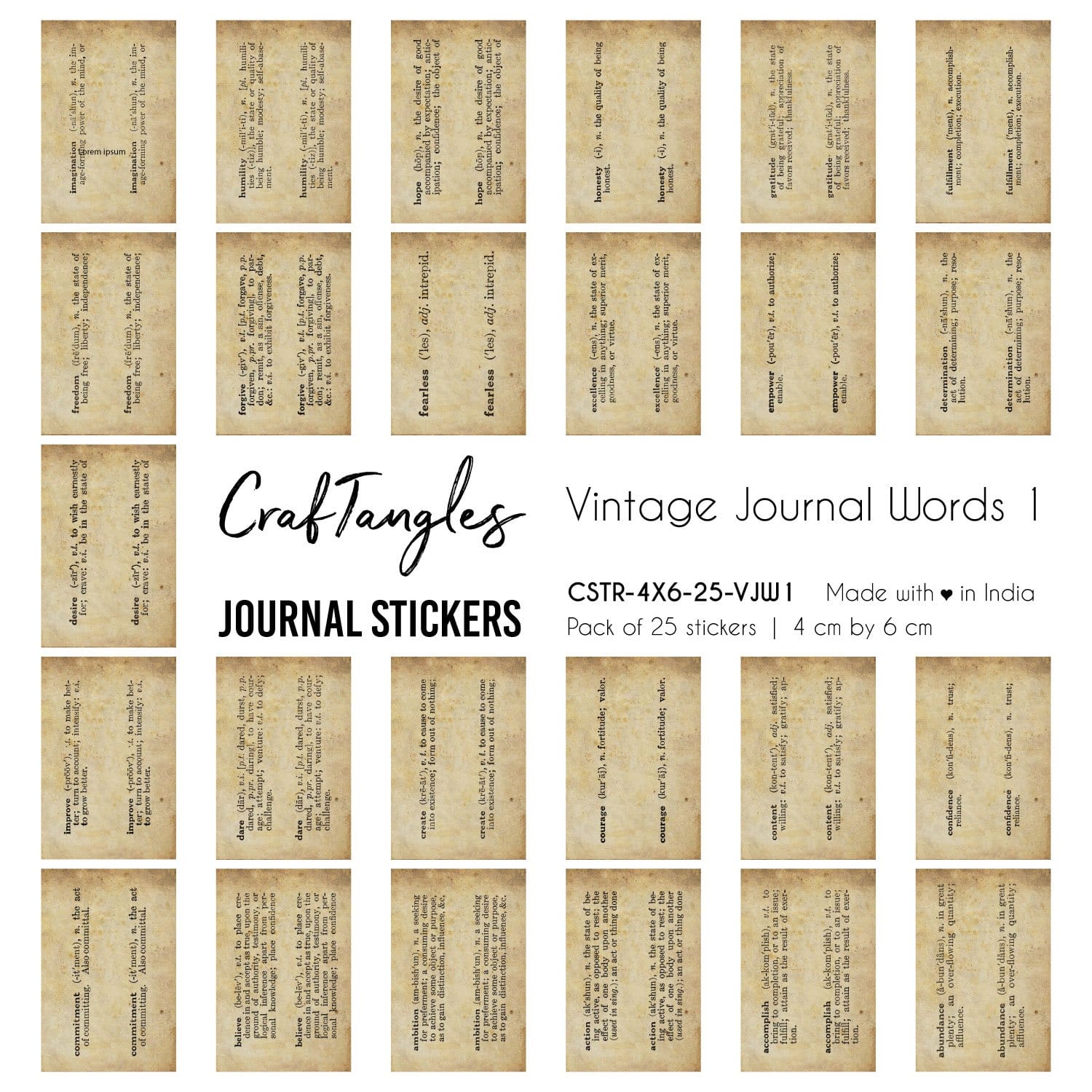 CrafTangles Journal Stickers 4 by 6 cm (Pack of 25 designs) - Vintage Journal words 1 Vintage Journal Words1 4x6 Journalling Stickers CrafTangles Journal Stickers 4 by 6 cm (Pack of 25 designs) - Vintage Journal words 1