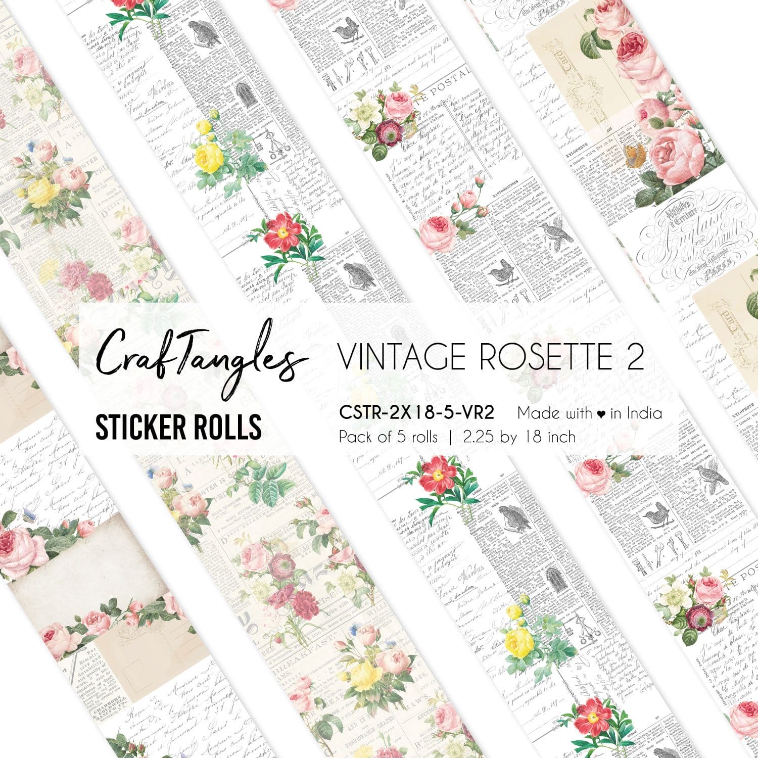 CrafTangles Journal Sticker Rolls (Pack of 5 designs) - Vintage Rosette 2 Vintage Rosette 2 2.5x18 inch Sticker Roll CrafTangles Journal Sticker Rolls (Pack of 5 designs) - Vintage Rosette 2