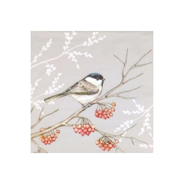 German Decoupage Napkins (5 pcs) - Bird on Branch Grey