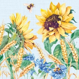 A pack of 12 by 12 inch German Decoupage Napkins (5 pcs) - Sunflower and Wheat Blue