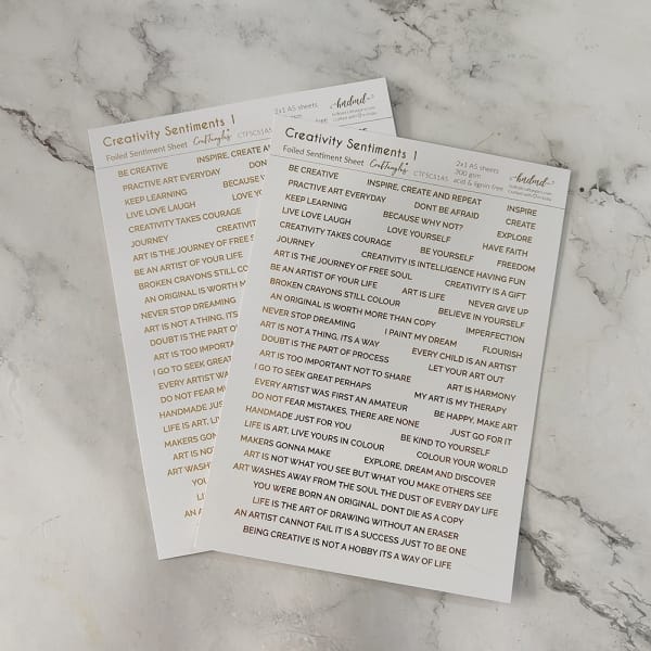 CrafTangles Foiled Sentiment Sheets (White and Gold) - Creativity Sentiments 1 (2 sheets of A5)