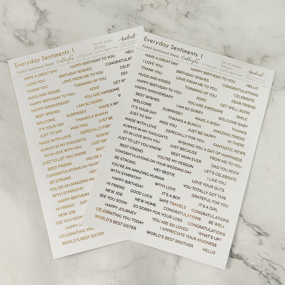 CrafTangles Foiled Sentiment Sheets (White and Gold) - Everyday Sentiments 1 (2 sheets of A5) Everyday 1 Foiled Sentiment Sheets CrafTangles Foiled Sentiment Sheets (White and Gold) - Everyday Sentiments 1 (2 sheets of A5)