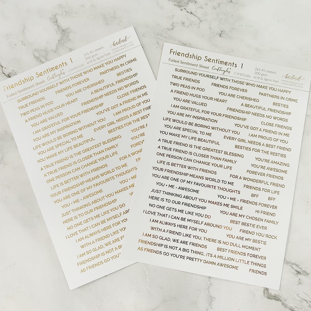 CrafTangles Foiled Sentiment Sheets (White and Gold) - Friendship Sentiments 1 (2 sheets of A5) Friendship 1 Foiled Sentiment Sheets CrafTangles Foiled Sentiment Sheets (White and Gold) - Friendship Sentiments 1 (2 sheets of A5)