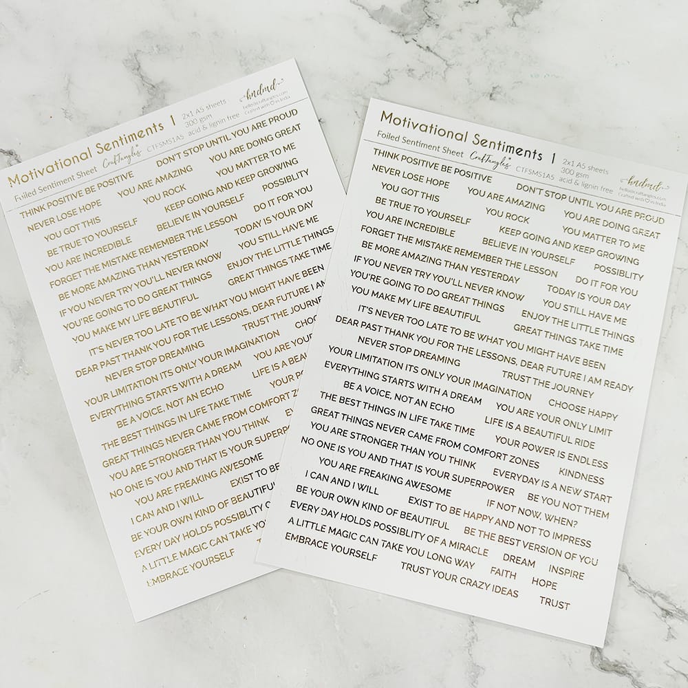 CrafTangles Foiled Sentiment Sheets (White and Gold) - Motivational Sentiments 1 (2 sheets of A5) Motivational 1 Foiled Sentiment Sheets CrafTangles Foiled Sentiment Sheets (White and Gold) - Motivational Sentiments 1 (2 sheets of A5)