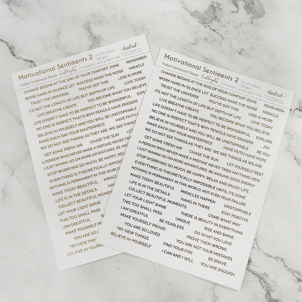 CrafTangles Foiled Sentiment Sheets (White and Gold) - Motivational Sentiments 2 (2 sheets of A5) Motivational 2 Foiled Sentiment Sheets CrafTangles Foiled Sentiment Sheets (White and Gold) - Motivational Sentiments 2 (2 sheets of A5)