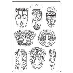 Stamperia Soft Maxi Mould 8.5"X11.5" - Tribal Masks. Savana