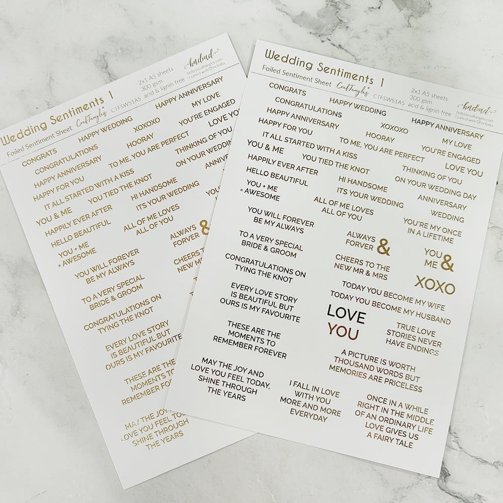 CrafTangles Foiled Sentiment Sheets (White and Gold) - Wedding Sentiments 1 (2 sheets of A5) Wedding 1 Foiled Sentiment Sheets CrafTangles Foiled Sentiment Sheets (White and Gold) - Wedding Sentiments 1 (2 sheets of A5)