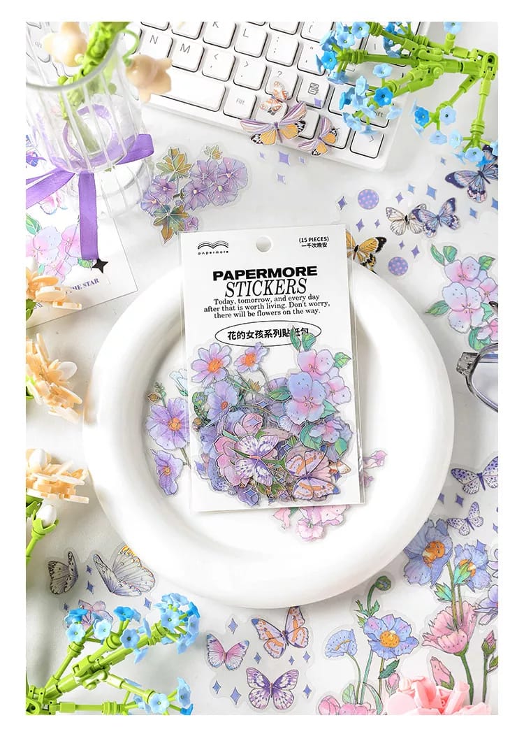 Foiled PET Clear Stickers (15 pcs) - Flowers Design 2