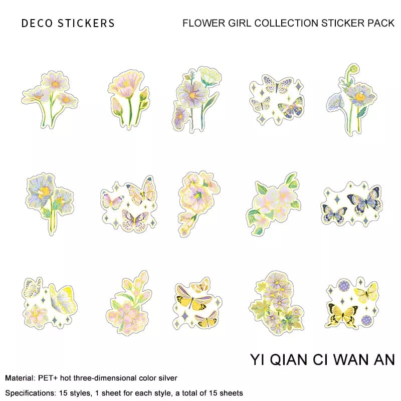 Foiled PET Clear Stickers (15 pcs) - Flowers Design 1 15pcs PET Stickers Flowers PMZTB 0144 15pcs_PET_Stickers_Flowers_PMZTB-0144