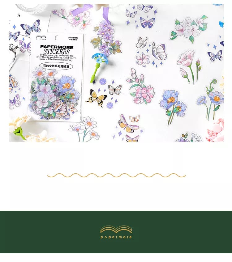 Foiled PET Clear Stickers (15 pcs) - Flowers Design 1 15pcs PET Stickers Flowers PMZTB 0144 1 Foiled PET Clear Stickers (15 pcs) - Flowers Design 1