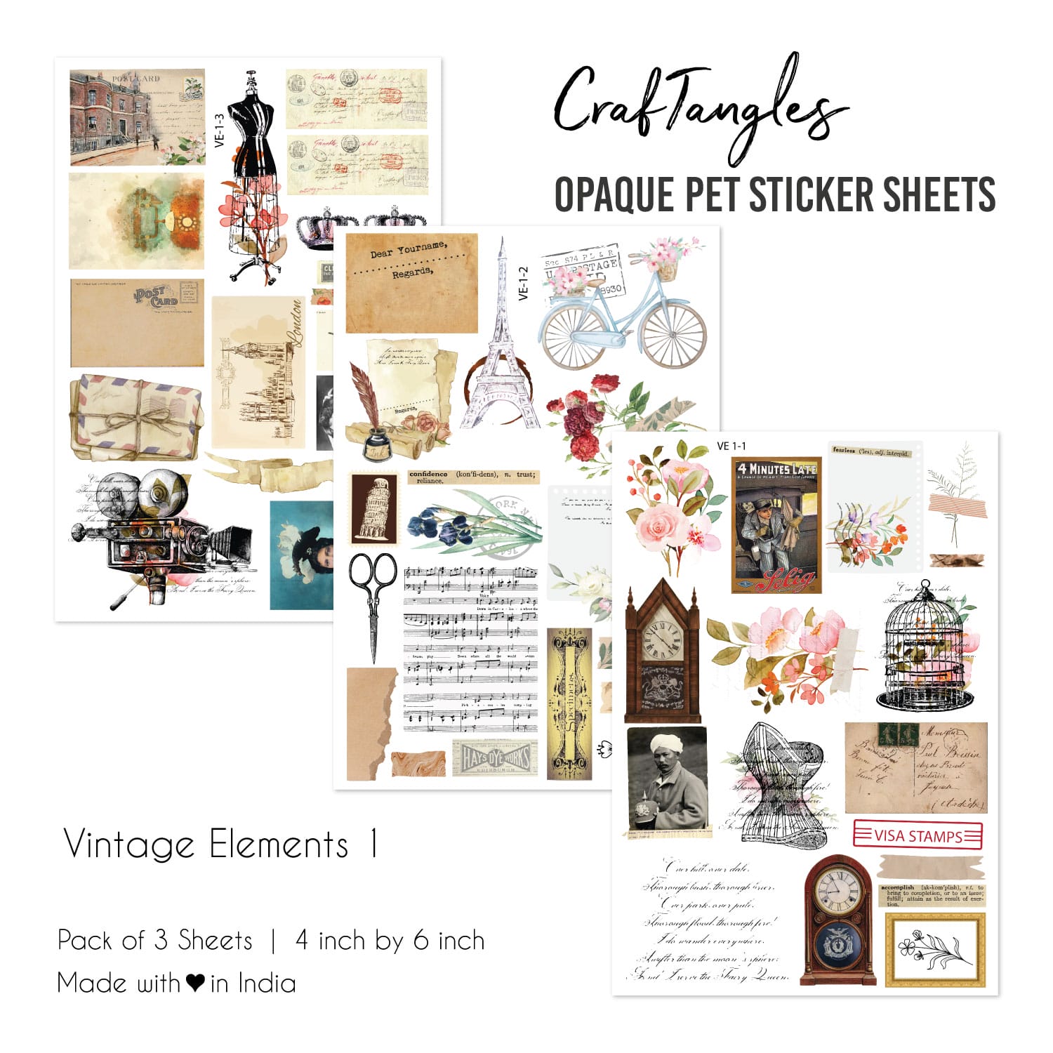 CrafTangles Opaque clear PET Sticker sheets - Vintage Elements 1 Opaque Clear Stickers Vintage Elements CrafTangles Opaque clear PET Sticker sheets - Vintage Elements 1