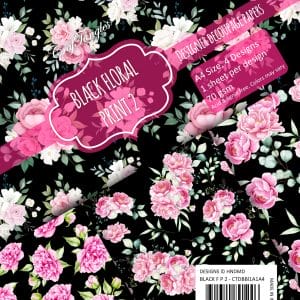 CrafTangles Decoupage Paper Pack - Black Floral Print 2 (A4) - 4 sheets