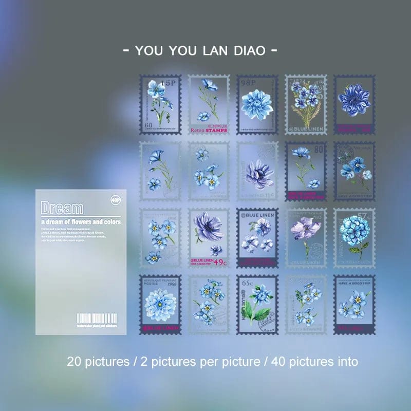 Clear PET Stamp shaped Stickers (40 pcs) - Blue Flowers 40pcs clear Stamp postcard HGD HSYM006 Clear PET Stamp shaped Stickers (40 pcs) - Blue Flowers