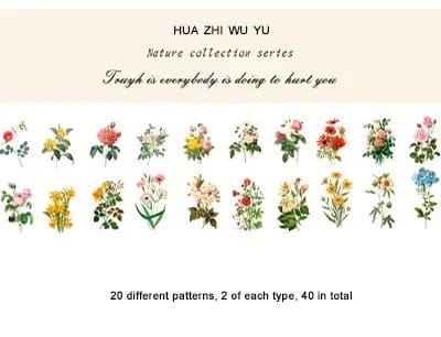 Clear PET Nature Stickers (40 pcs) - Vintage Flowers nature plant clear PET stickers YXTZB207 Clear PET Nature Stickers (40 pcs) - Vintage Flowers