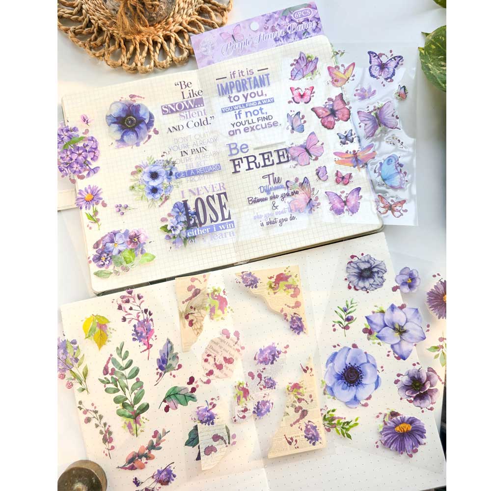 Journal Ephemera Clear PET Sticker Pack (6 sheets) – Purple Flower Dance (HDLY) pet clearSticker 20pcs HDLY purple flower dance Journal Ephemera Clear PET Sticker Pack (6 sheets) – Purple Flower Dance (HDLY) - Image 2
