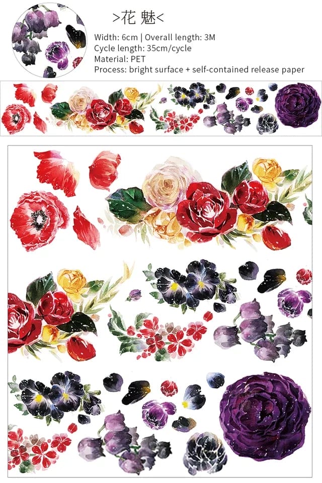 Clear PET Sticker Rolls - Flowers (PCT-024) washi Tape large floral bunch PCT 024 Clear PET Sticker Rolls - Flowers (PCT-024)