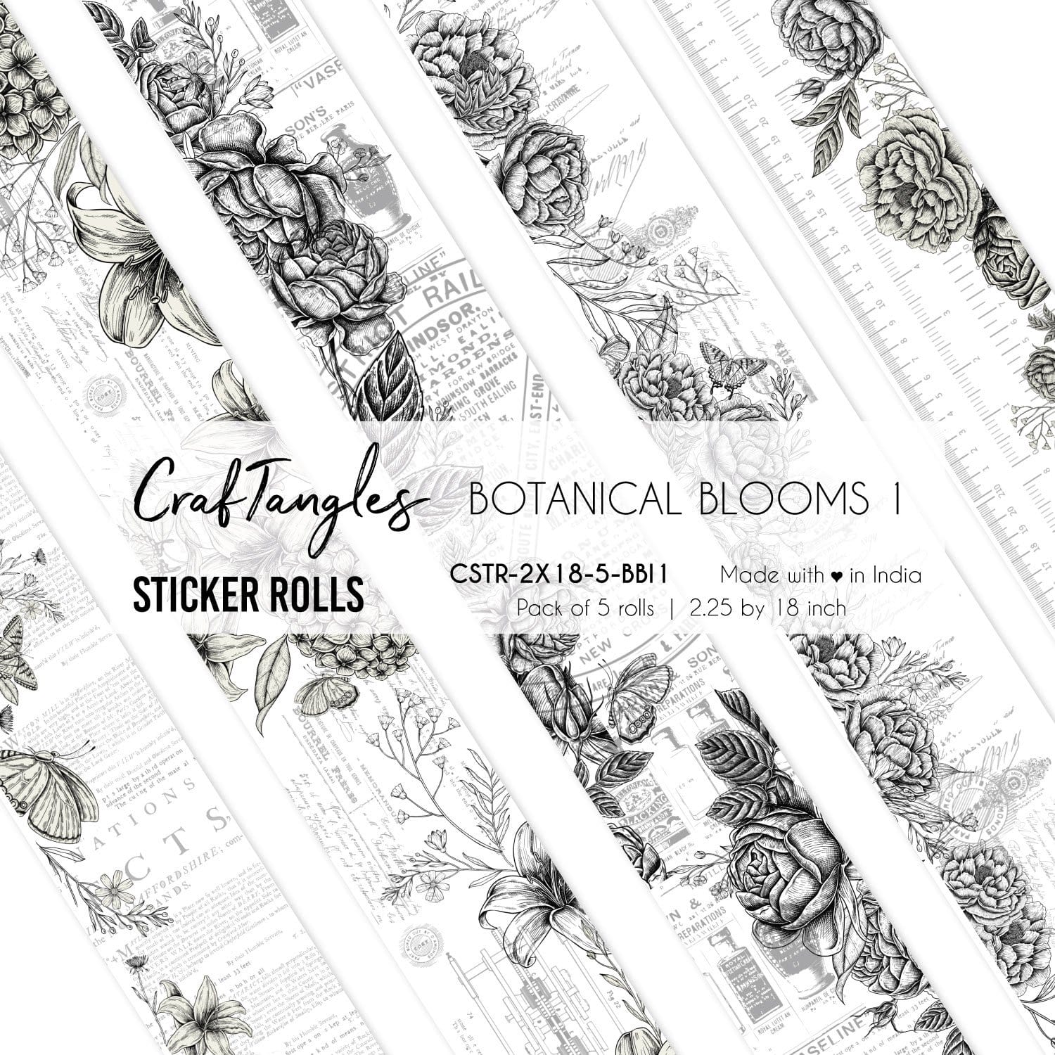 CrafTangles Journal Sticker Rolls (Pack of 5 designs) - Botanical Blooms 1 Botanical Blooms 1 2.5x18 inch Sticker Roll CrafTangles Journal Sticker Rolls (Pack of 5 designs) - Botanical Blooms 1