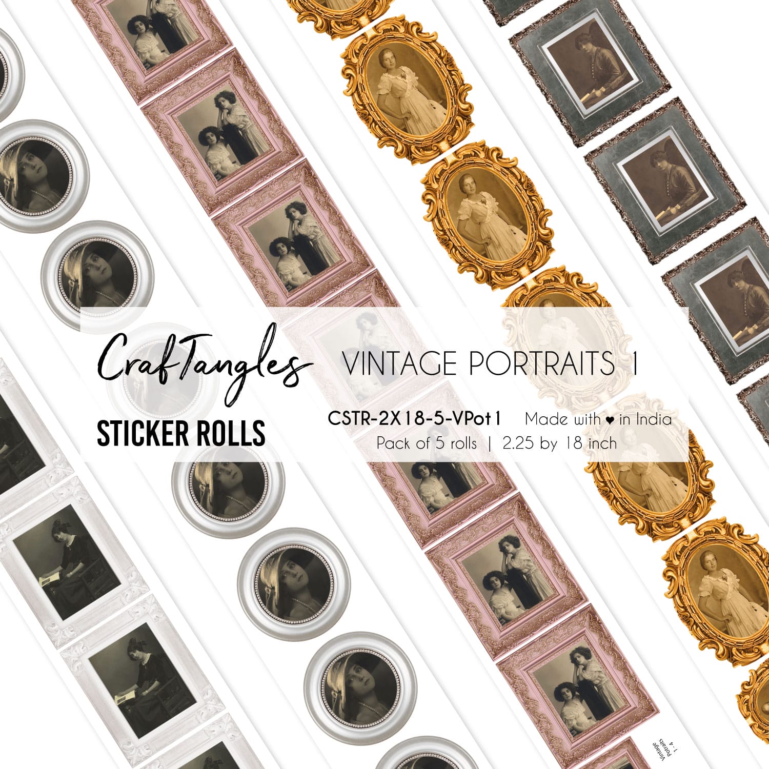 CrafTangles Journal Sticker Rolls (Pack of 5 designs) - Vintage Potraits1 Vintage Potraits 1 2.5x18 inch Sticker Roll CrafTangles Journal Sticker Rolls (Pack of 5 designs) - Vintage Potraits1