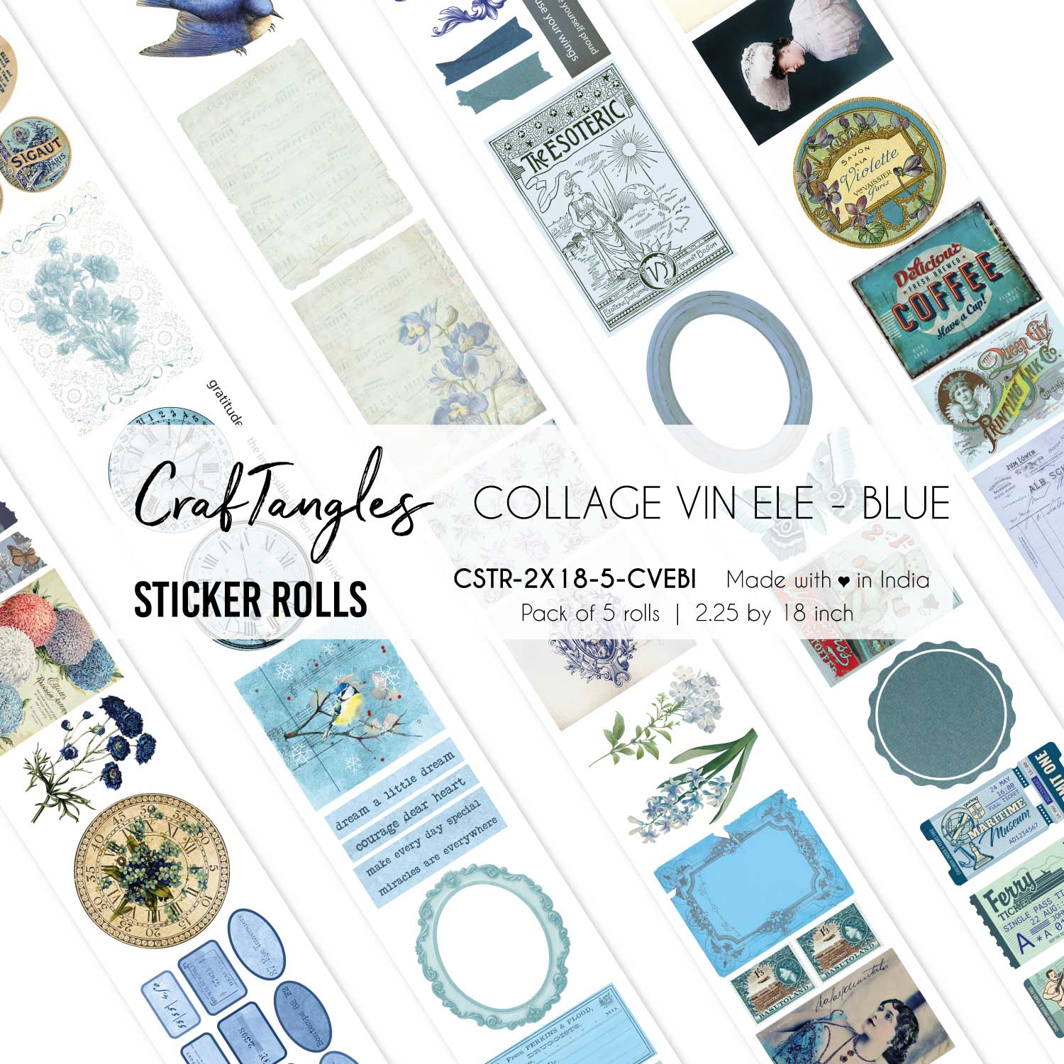 CrafTangles Journal Sticker Rolls (Pack of 5 designs) - Collage Vintage Elements - Blue Collage Vintage Elements Blue 2.5x18 inch Sticker Roll CrafTangles Journal Sticker Rolls (Pack of 5 designs) - Collage Vintage Elements - Blue