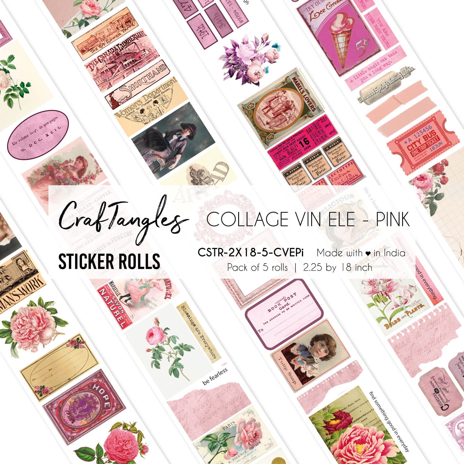 CrafTangles Journal Sticker Rolls (Pack of 5 designs) - Collage Vintage Elements - Pink Collage Vintage Elements Pink 2.5x18 inch Sticker Roll CrafTangles Journal Sticker Rolls (Pack of 5 designs) - Collage Vintage Elements - Pink