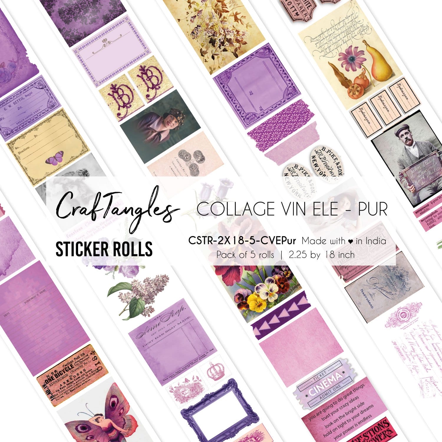 CrafTangles Journal Sticker Rolls (Pack of 5 designs) - Collage Vintage Elements - Purple Collage Vintage Elements Purple 2.5x18 inch Sticker Roll CrafTangles Journal Sticker Rolls (Pack of 5 designs) - Collage Vintage Elements - Purple