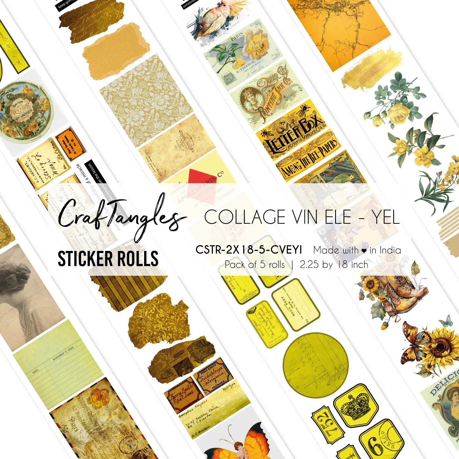 CrafTangles Journal Sticker Rolls (Pack of 5 designs) - Collage Vintage Elements - Yellow Collage Vintage Elements Yellow 2.5x18 inch Sticker Roll CrafTangles Journal Sticker Rolls (Pack of 5 designs) - Collage Vintage Elements - Yellow