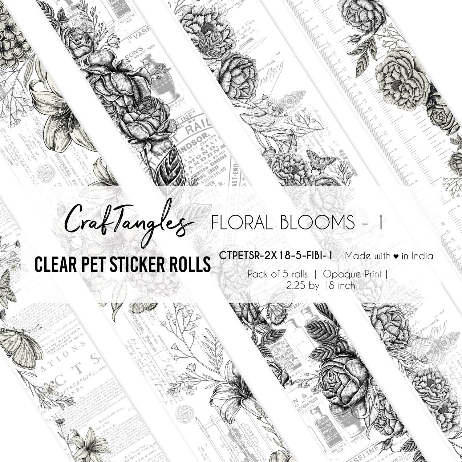 CrafTangles Clear PET Journal Sticker Rolls (Pack of 5 designs) - Floral Blooms 1 Floral Blooms 1 2.5x18 inch Clear PET Sticker Roll CrafTangles Clear PET Journal Sticker Rolls (Pack of 5 designs) - Floral Blooms 1