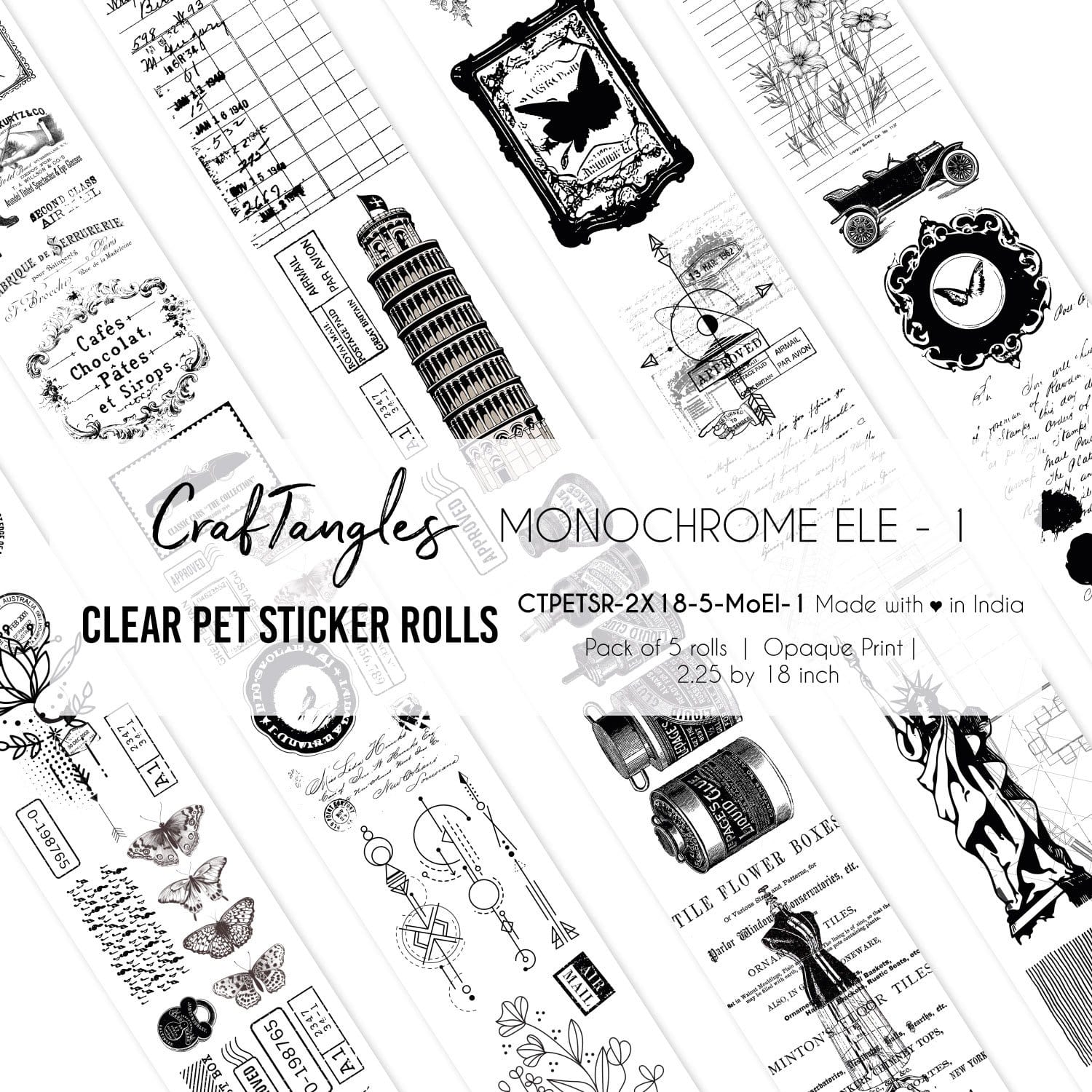 CrafTangles Clear PET Journal Sticker Rolls (Pack of 5 designs) - Monochrome Elements 1 Monochrome Elements 1 2.5x18 inch Clear PET Sticker Roll CrafTangles Clear PET Journal Sticker Rolls (Pack of 5 designs) - Monochrome Elements 1