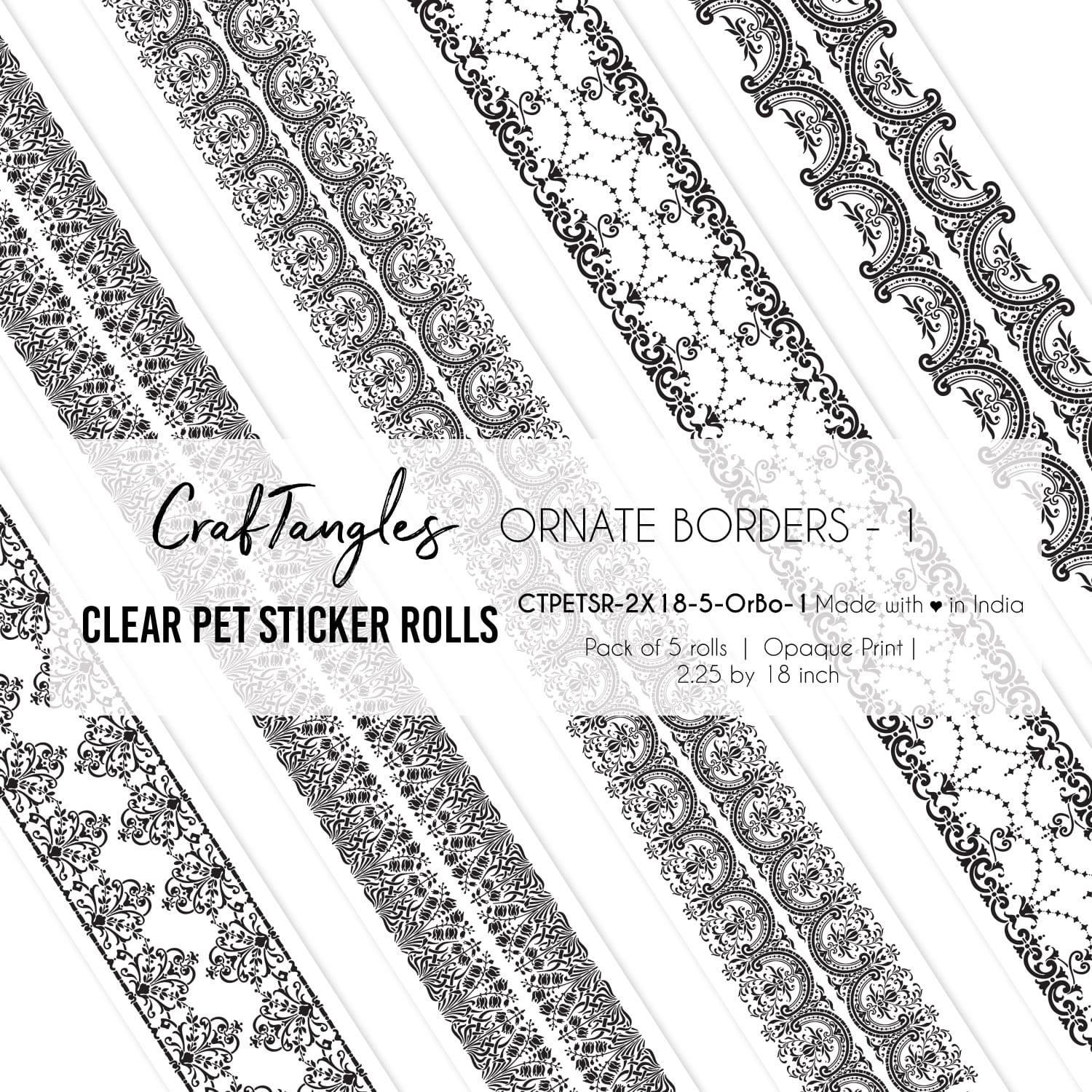 CrafTangles Clear PET Journal Sticker Rolls (Pack of 5 designs) - Ornate Borders 1 Ornate Borders 1 2.5x18 inch Clear PET Sticker Roll CrafTangles Clear PET Journal Sticker Rolls (Pack of 5 designs) - Ornate Borders 1