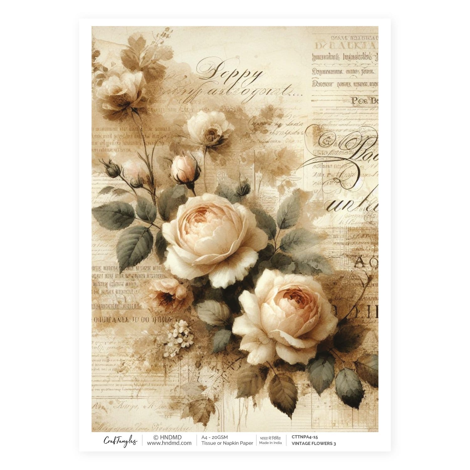 CrafTangles Decoupage Napkin / Tissue / Collage Paper - Vintage Flowers 3