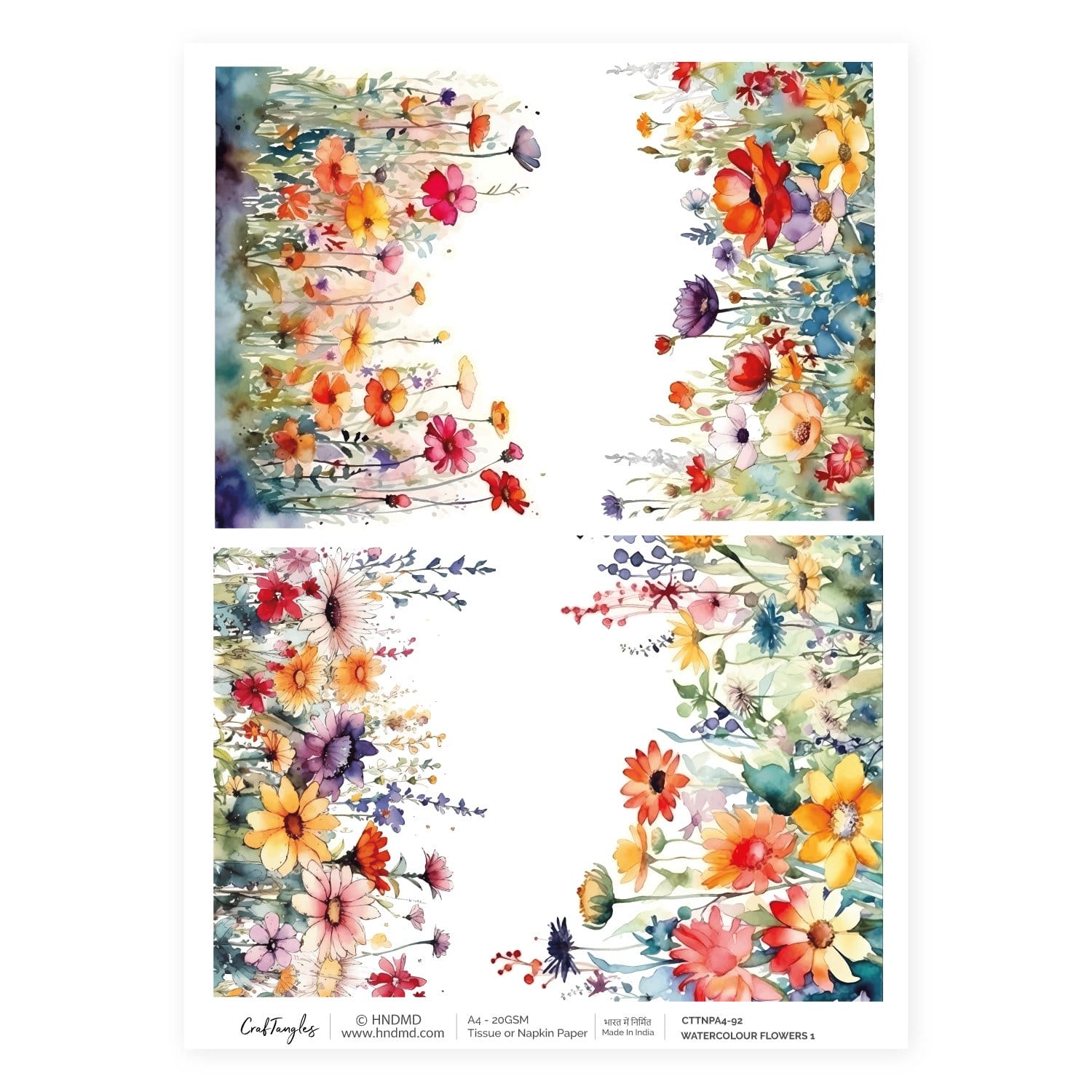 CrafTangles Decoupage Napkin / Tissue / Collage Paper - Watercolour Flowers 1 92 Watercolour Flowers 1 CrafTangles Tissue napkin paper CrafTangles Decoupage Napkin / Tissue / Collage Paper - Watercolour Flowers 1