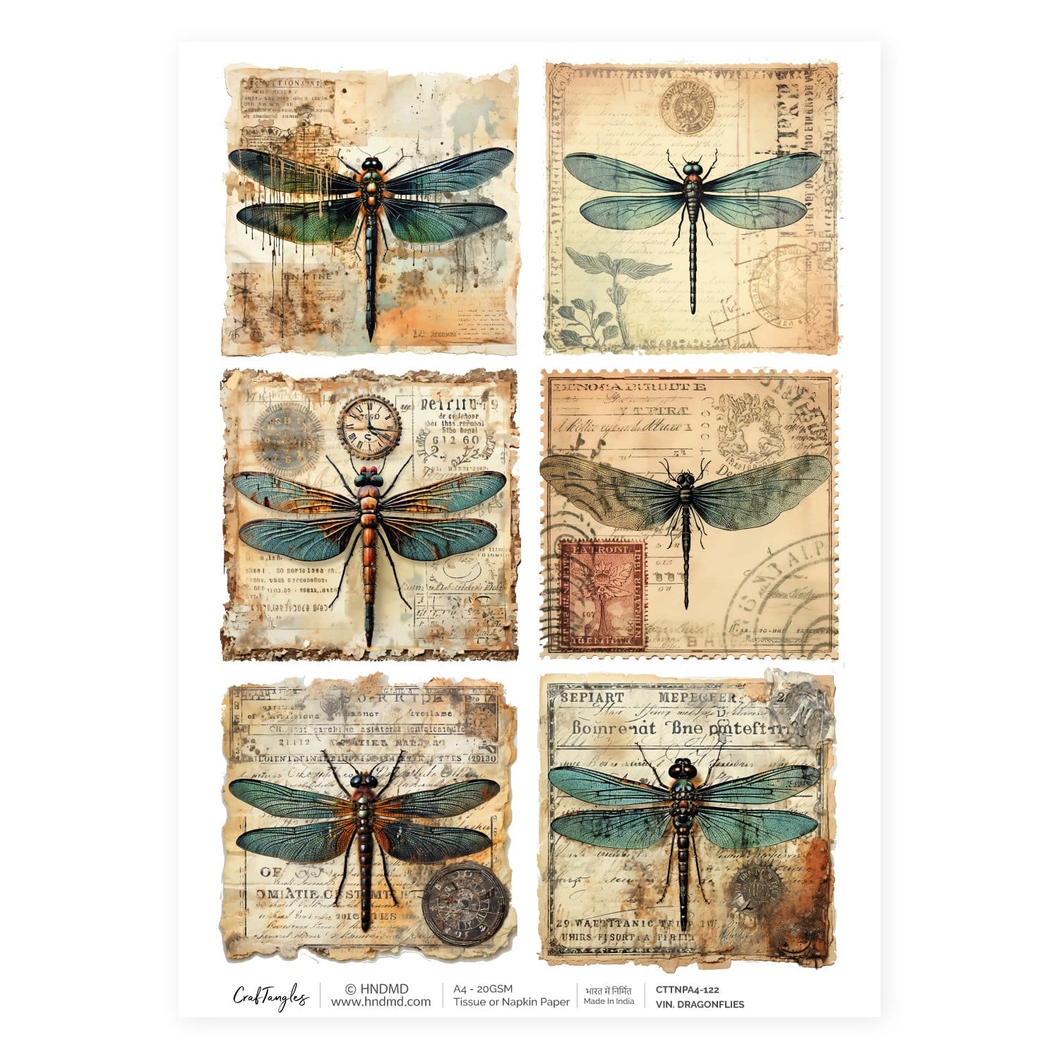 CrafTangles Decoupage Napkin / Tissue / Collage Paper - Vintage Dragonflies